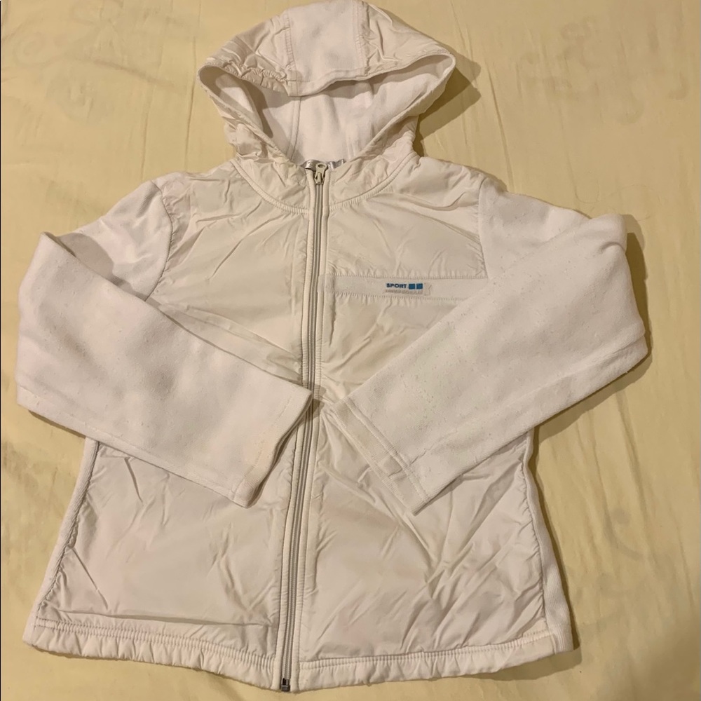 White sports jacket + blue striped tennis skirt